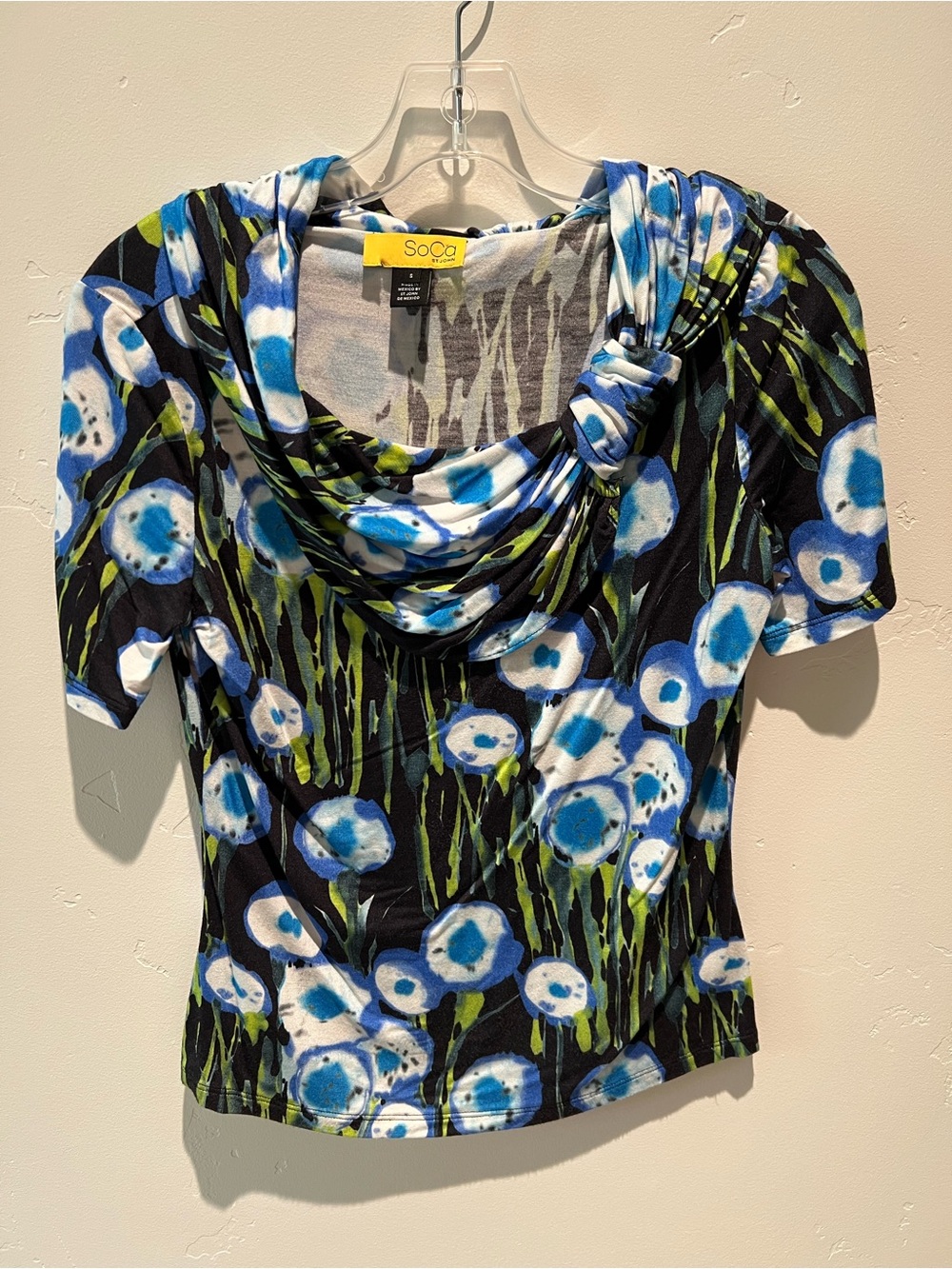 St. John Blue Floral Cowl Neck Blouse